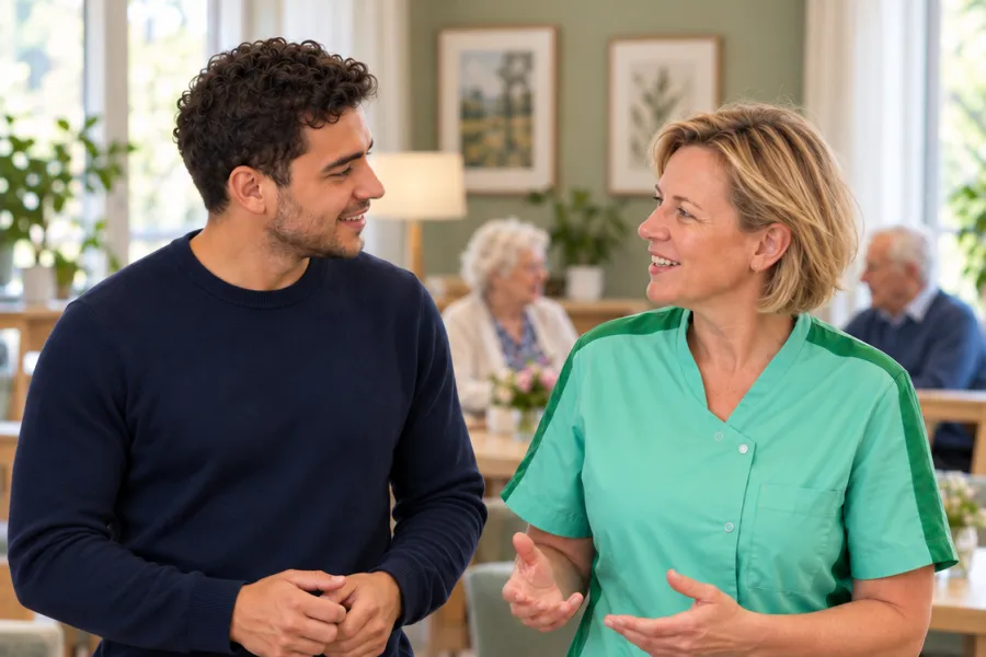 Teamleider is gesprek met zorgmedewerker