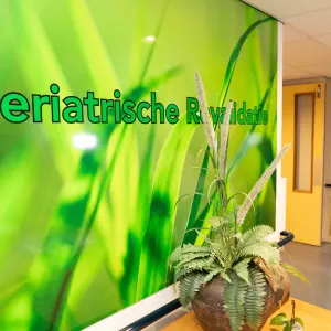 Een kleurrijke wand met de tekst ‘Geriatrische Revalidatie’ en groene planten geeft de zorgomgeving bij ViVa! Zorggroep een frisse uitstraling.