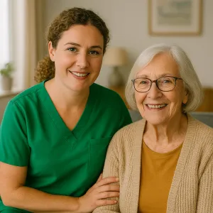 Verzorgende en oudere cliënt lachen samen in een huiselijke omgeving bij ViVa! Zorggroep