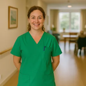 Verzorgende glimlacht in de gang van een woonzorglocatie bij ViVa! Zorggroep