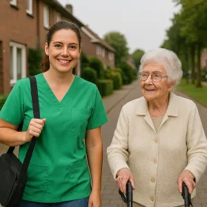 Verzorgende wandelt met oudere cliënt in een rustige woonwijk bij ViVa! Zorggroep