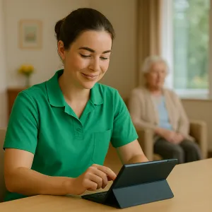 Zorgmedewerker werkt op tablet terwijl cliënt op de achtergrond zit bij ViVa! Zorggroep