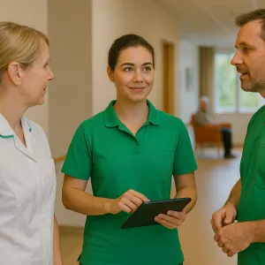 Drie zorgmedewerkers overleggen samen in de gang van een ViVa!-locatie