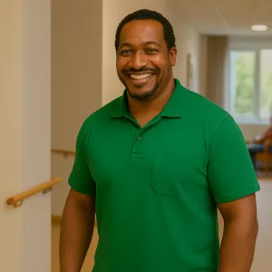 Zorgmedewerker glimlacht in de gang van een woonzorglocatie bij ViVa! Zorggroep