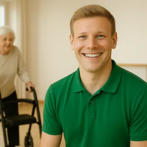 Specialist ouderenzorg met cliënt op achtergrond