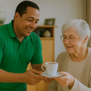 Helpende Plus overhandigt kopje koffie aan oudere cliënt in huiselijke sfeer bij ViVa! Zorggroep