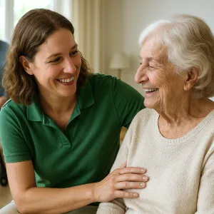 Cliënt Lachend Met Zorgverlener en cliënt op achtergrond