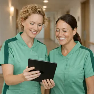 Twee leerlingen van ViVa! Zorggroep kijken lachend naar een tablet tijdens een werkdag in de ouderenzorg