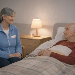 Vrijwillger aan bed bij cliënt bij woonzorglocatie ViVa! Zorggroep