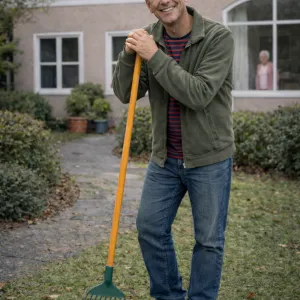 Vrijwilliger harkt aan bij woonzorglocatie ViVa! Zorggroep - facilitair