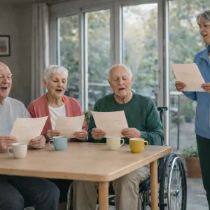 Vrijwilliger zingt een lied samen met cliënten - groepsactiviteit ViVa! Zorggroep