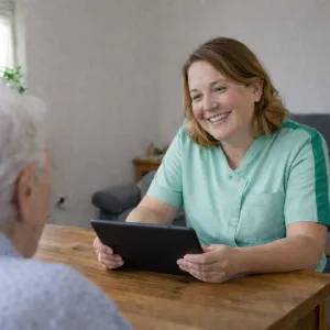 Coördinerend VIG met Ipad in gesprek met cliënt