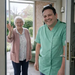 Medewerker staat lachend in deuropening met zwaaiende cliënt