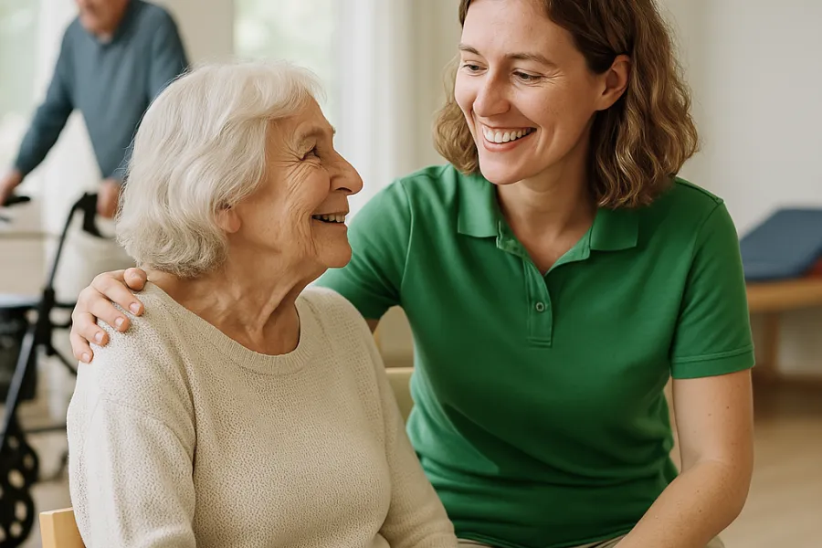 Zorgmedewerker praat met oudere cliënt in een warme woonzorgomgeving bij ViVa! Zorggroep