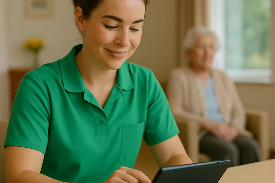 Zorgmedewerker werkt op tablet terwijl cliënt op de achtergrond zit bij ViVa! Zorggroep