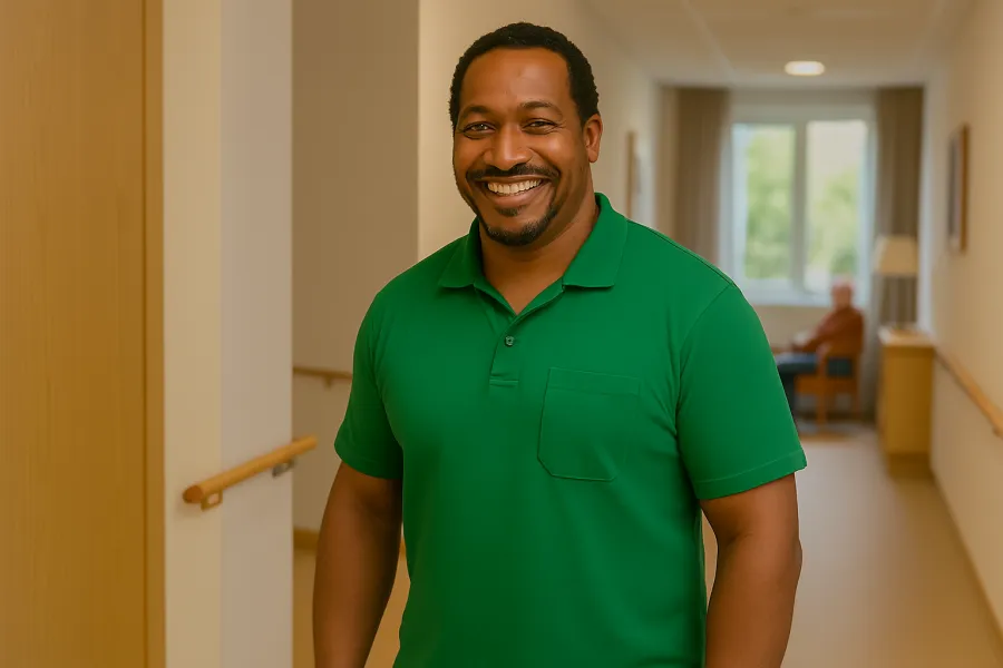 Zorgmedewerker glimlacht in de gang van een woonzorglocatie bij ViVa! Zorggroep