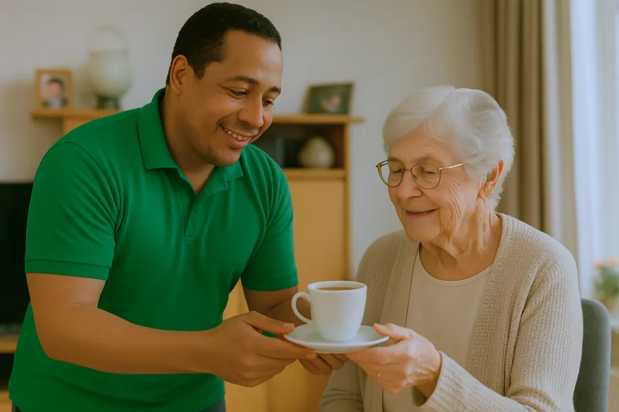 Helpende Plus overhandigt kopje koffie aan oudere cliënt in huiselijke sfeer bij ViVa! Zorggroep