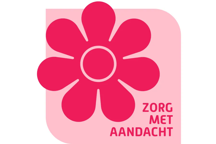 Pictogram van roze bloem met tekst Zorg met aandacht, onderdeel van ViVa! Zorggroep