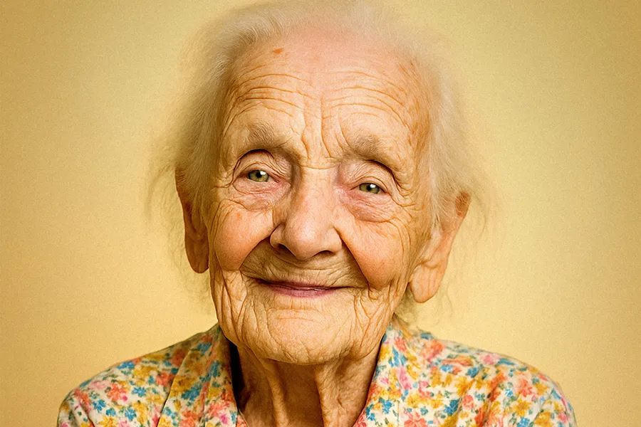 Close-up van oudere vrouw met glimlach tegen gele achtergrond bij ViVa! Zorggroep