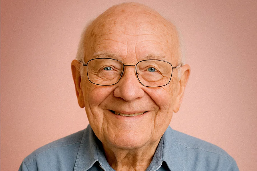 Close-up van oudere man met bril en warme glimlach tegen roze achtergrond bij ViVa! Zorggroep