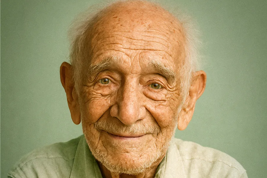 Close-up van oudere man met vriendelijke glimlach tegen groene achtergrond bij ViVa! Zorggroep