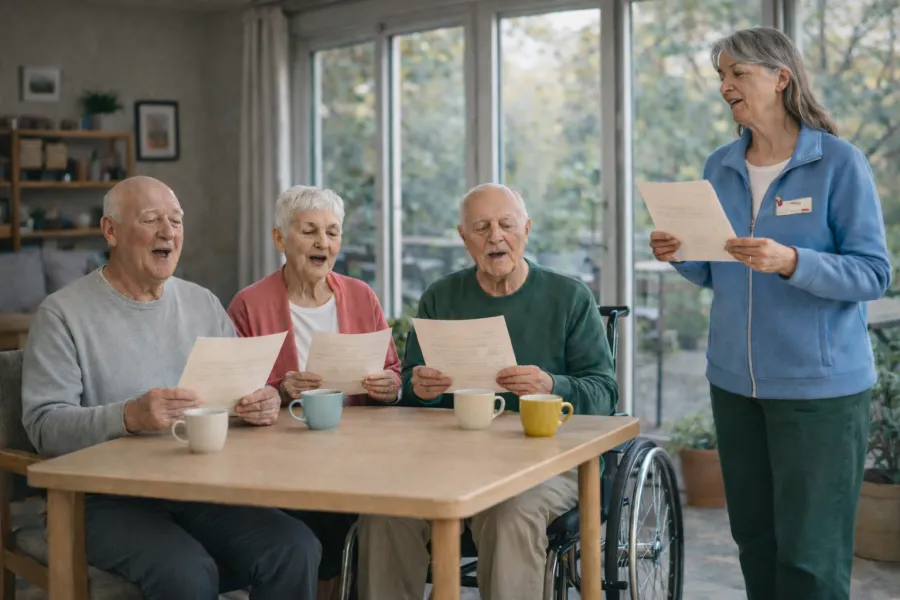 Vrijwilliger zingt een lied samen met cliënten - groepsactiviteit ViVa! Zorggroep