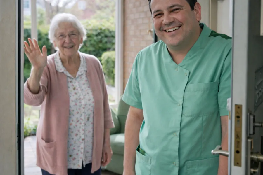 Medewerker staat lachend in deuropening met zwaaiende cliënt