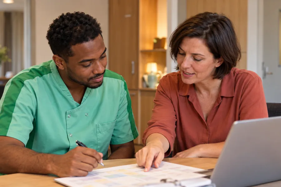 Teamleider bekijkt plannen met zorgmedewerker